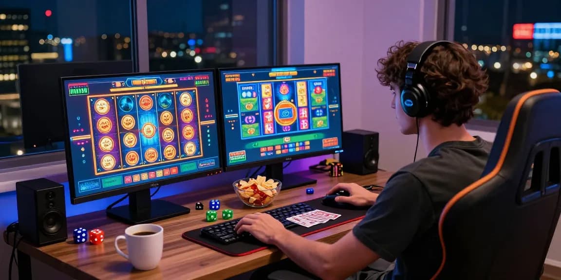 Engaged player using a slot deposit 1000 gaming setup with vibrant slot machine graphics, snacks, and cozy ambiance.