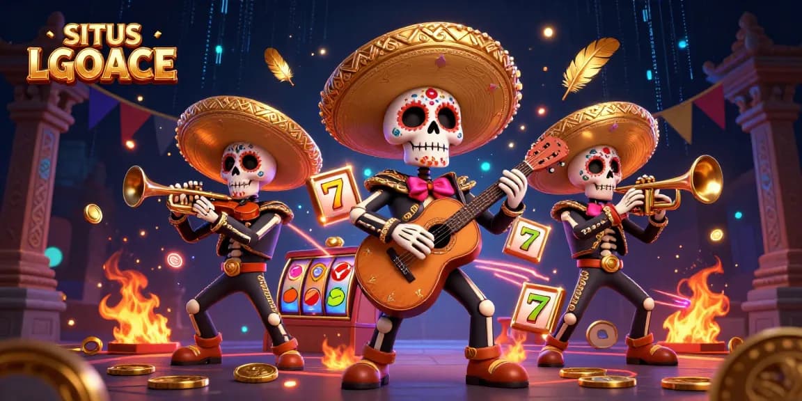 SITUS LGOACE showcases a dynamic 3D scene with mariachi characters in a vibrant casino atmosphere.