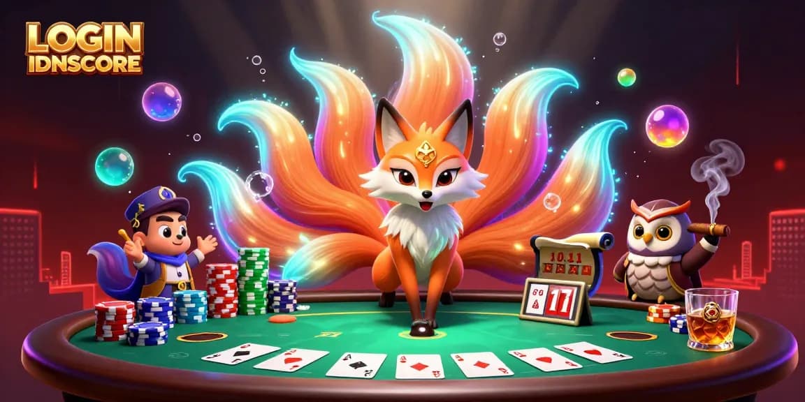 Engage with LOGIN IDNSCORE's vibrant 3D illustration showcasing dynamic casino elements and colorful characters.