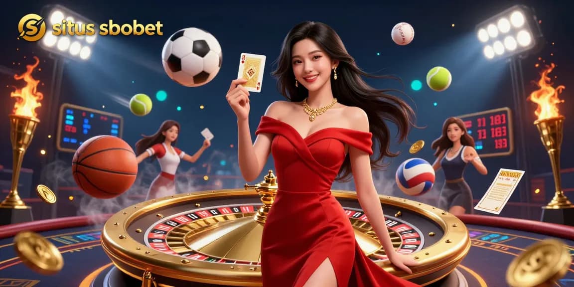 Situs sbobet-enabled sports betting scene featuring a confident woman holding a golden card and dynamic game elements.