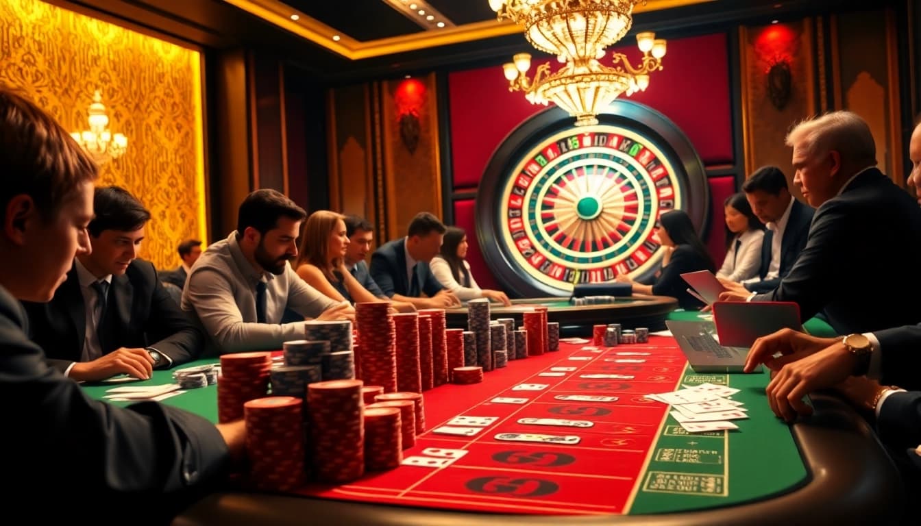 Players engaging in a high-stakes poker game at shbet casino, showcasing excitement and elegance.