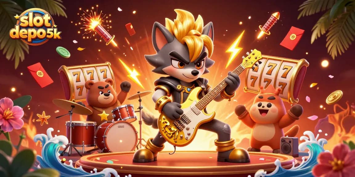 Engage in slot depo 5k action with a vibrant 3D casino scene showcasing dynamic characters and iconic slot elements.