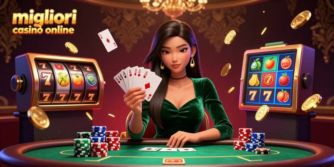 Migliori casinò online scena che mostra una donna che tiene carte da poker a un tavolo di lusso tra giochi di slot dinamici.
