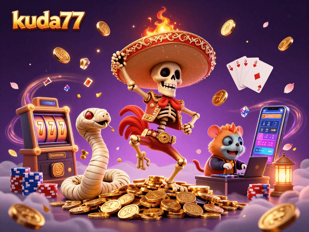 Menggoda keberuntungan dengan kuda77, skeleton rooster bersenandung di atas tumpukan koin emas sambil menghibur para penjudi.