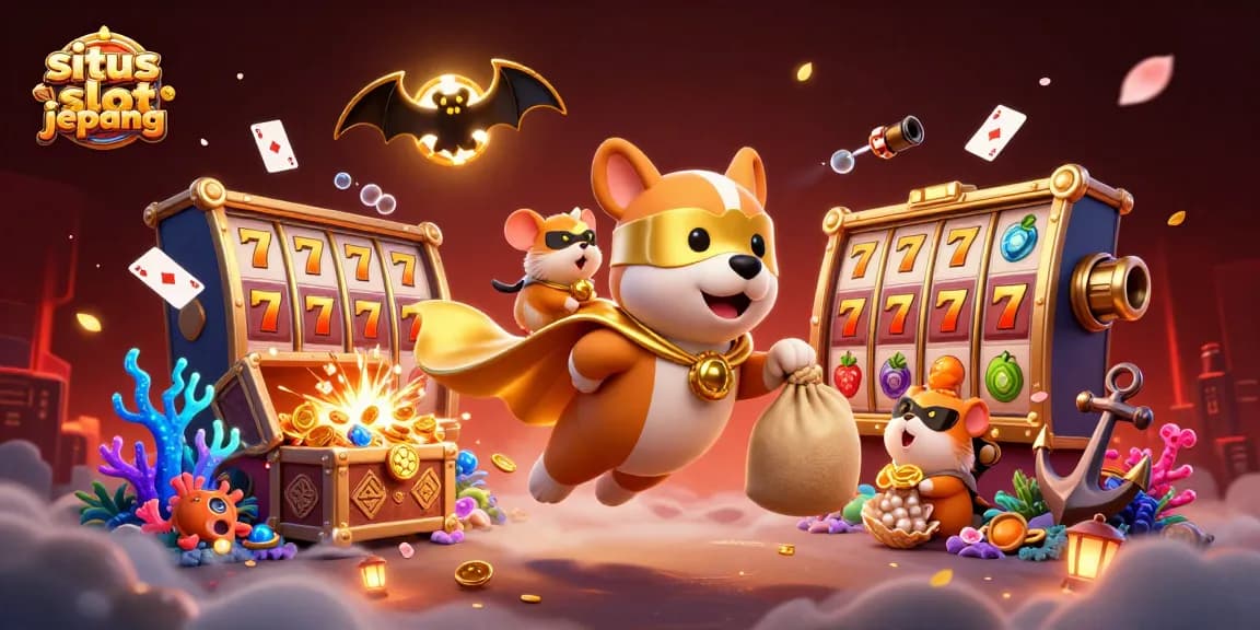Situs slot jepang scene with a superhero dog delivering gold coins, showcasing vibrant slot reels and engaging game elements.