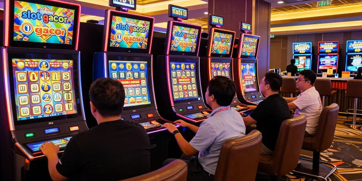 Players engaged in "slot gacor" games in an exciting casino atmosphere, showcasing bright screens and vibrant promotions.