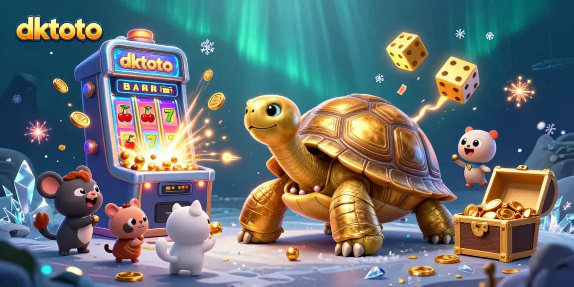 Engage with the thrilling dktoto experience, featuring a colossal golden tortoise and exciting casino elements.