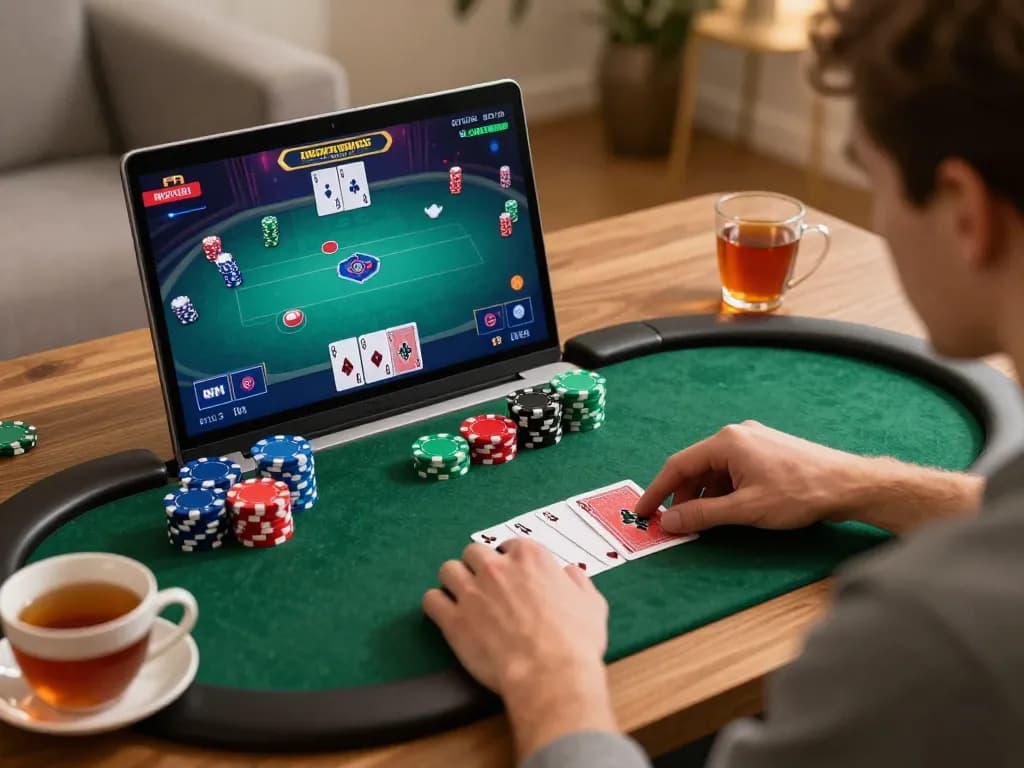 3win actor participating in an exciting online poker game with strategic maneuvers visible on the screen.