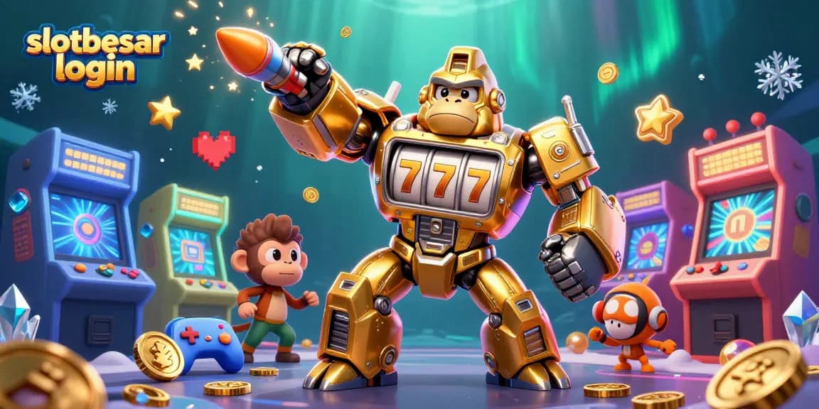 Engage with the action-packed slotbesar login experience, featuring a golden gorilla mech and vibrant casino elements.