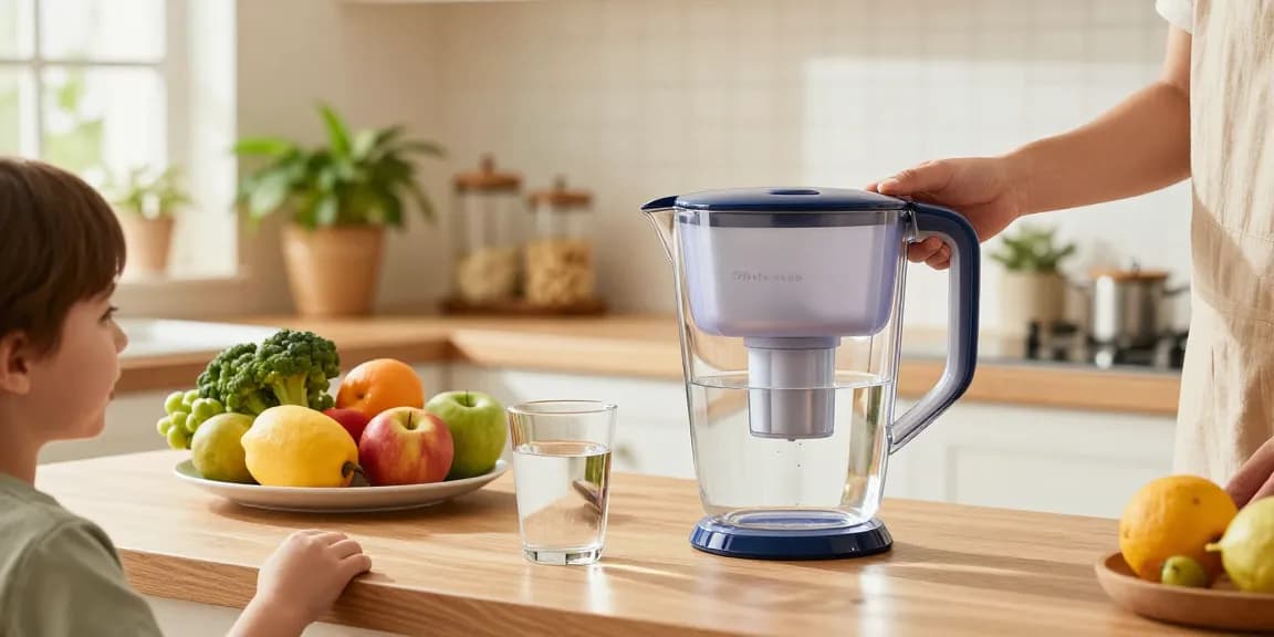 Waterdrop Water Filter Pitcher with 1 Filter in a sunny kitchen, family member filling a glass, promoting healthy hydration.
