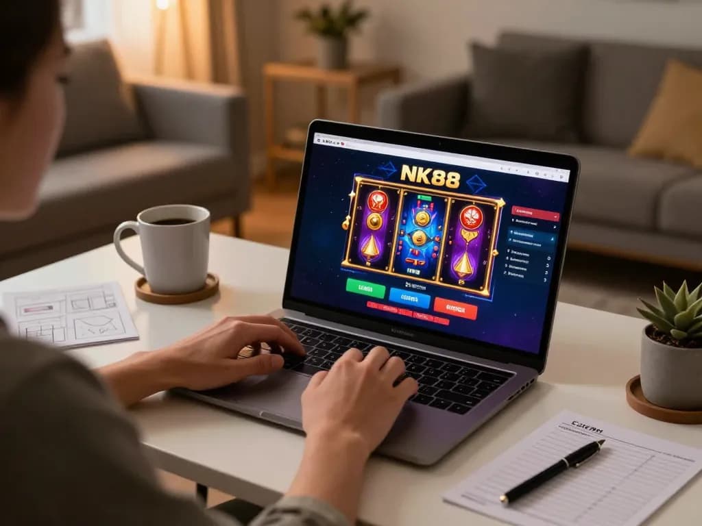 Experience NK88 Casino's thrilling online games in a cozy home setup.