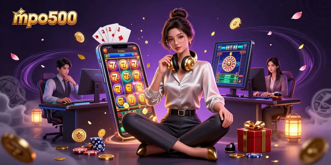 MPO500 features a stylish Asian woman gaming while surrounded by vibrant casino elements, highlighting engagement and winning potential.