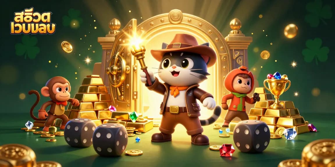 Engage with สล็อตเว็บตรง in an exhilarating 3D adventure illustration featuring an archaeologist cat and monkey.