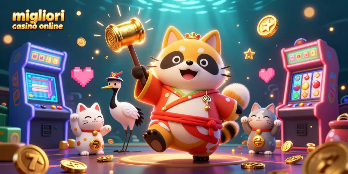 Un tanuki allegro celebra con un maneki-neko nel mezzo del divertimento vibrante del casinò, rappresentando i migliori casinò online.