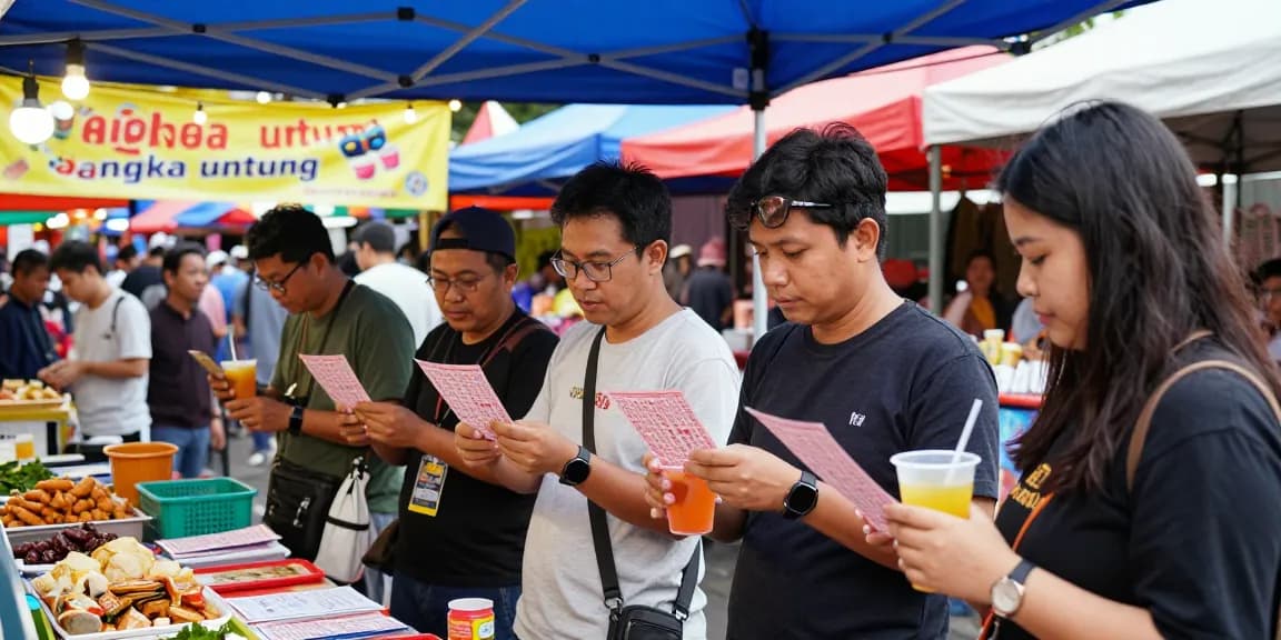 Kerumunan pemain togel membahas angka untung di pasar malam yang meriah.