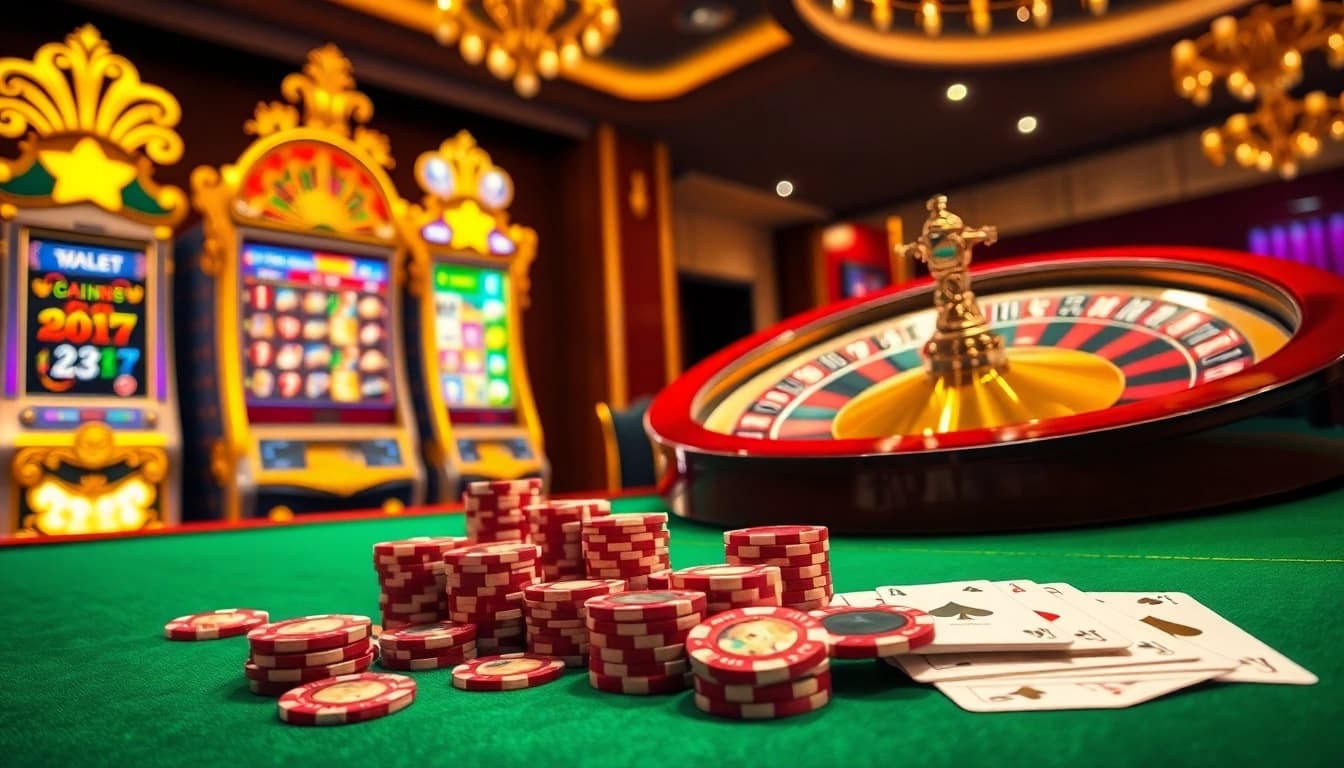 Engaging casino scene illustrating situs deposit 5k, featuring slot machines, poker chips, and a roulette wheel.