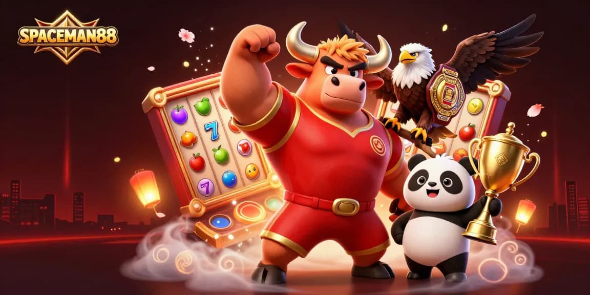 SPACEMAN88 showcases a winning celebration with characters surrounded by colorful slot symbols and festive elements.