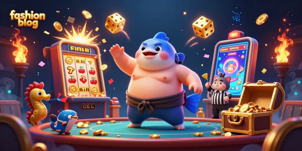 Engage with the vibrant scene of a fashion blog-themed casino featuring a cartoon fugu, referee catfish, and lively seahorse fans.