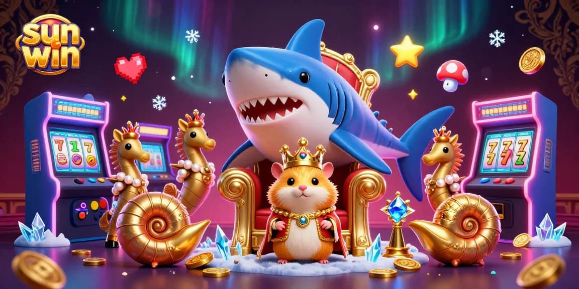 Experience the excitement of sun win with a vibrant casino-themed 3D illustration featuring a hamster king and gaming elements.