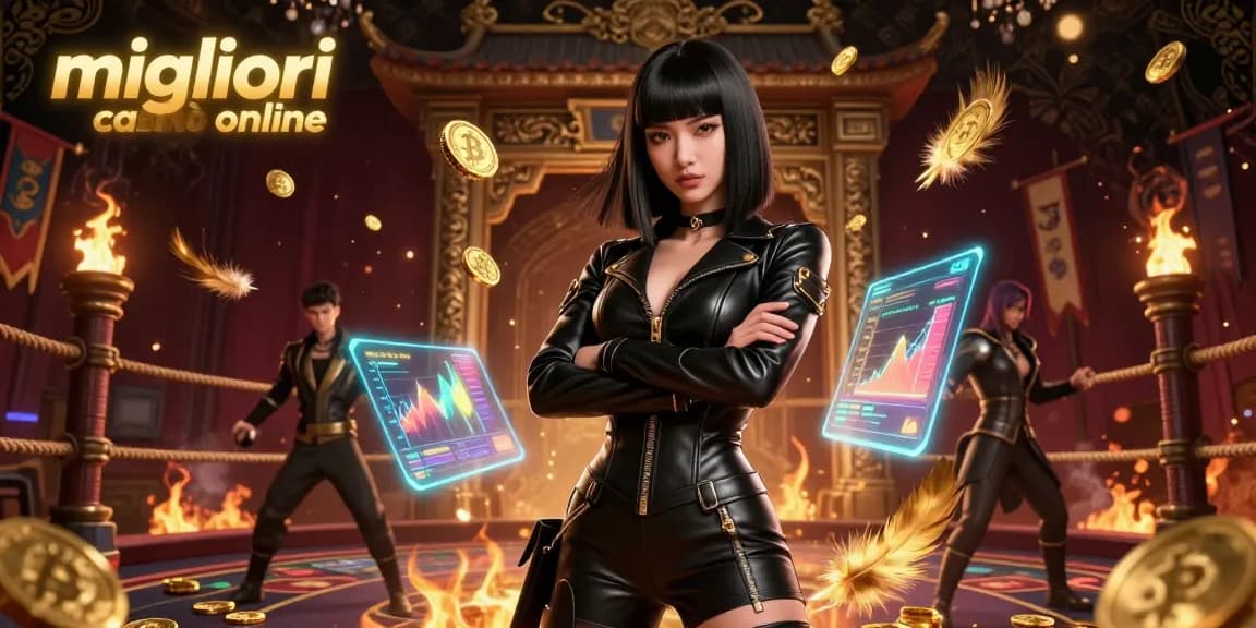 Interagisci con i migliori casinò online attraverso questa dinamica illustrazione 3D che mostra elementi innovativi del casinò e visuali vivaci.