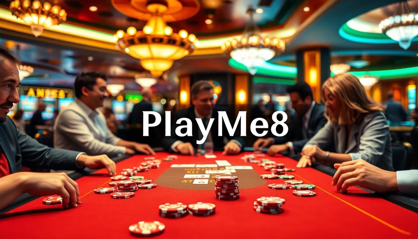 เล่นเกม PlayMe8 บนโต๊ะโป๊กเกอร์หรูหราพร้อมชิปและการ์ดสีสันสดใส