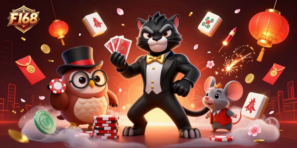 F168 presents a vibrant casino scene featuring a stylish panther dealer alongside an owl and lucky mouse, surrounded by festive elements.