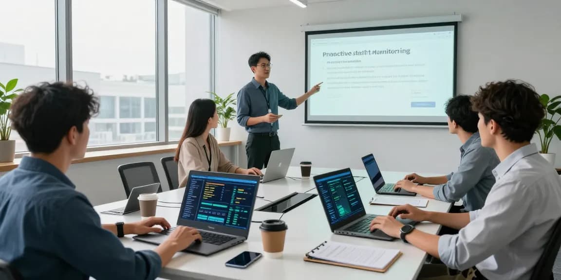 IT support for businesses team collaborating in a modern office with real-time analytics on screens.