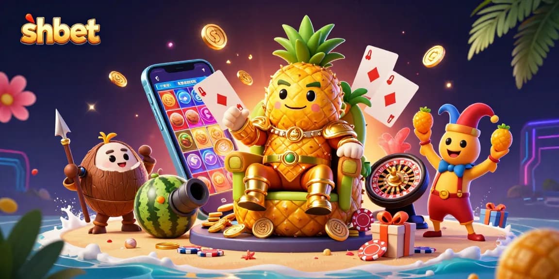 Engage with shbet's exciting casino games featuring a golden pineapple king and vibrant slot elements.