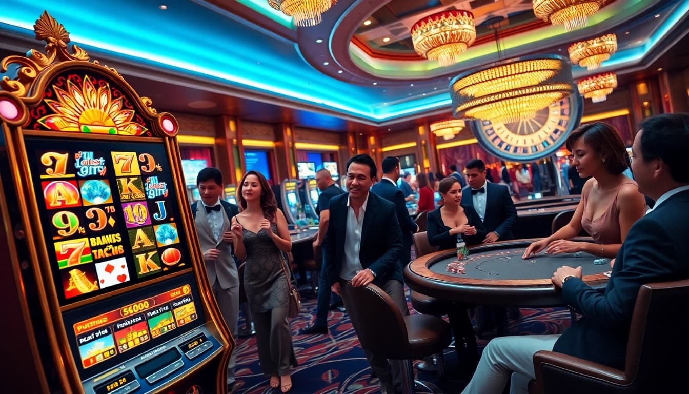 Engaged players enjoying the slot pragmatic play machine in a luxurious casino setting.