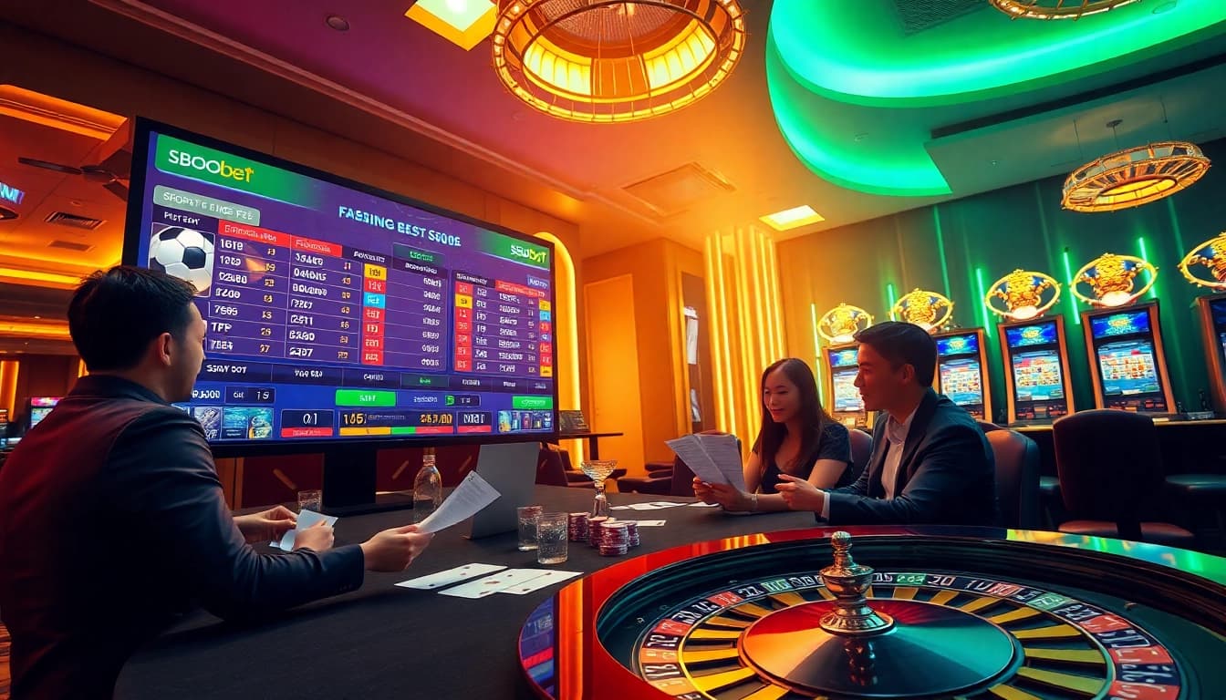 SBOBet betting scene showcasing live sports action and enthusiastic players in a luxurious casino setting.