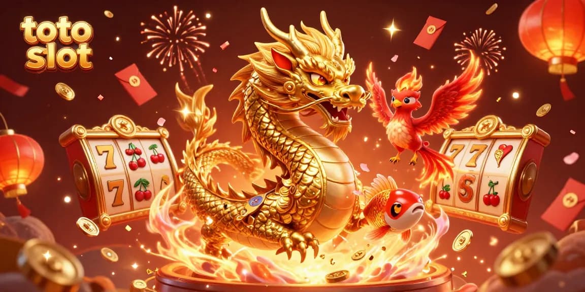 Menangkan jackpot dengan toto slot yang menarik, dikelilingi naga emas dan ikon permainan yang berkilau.