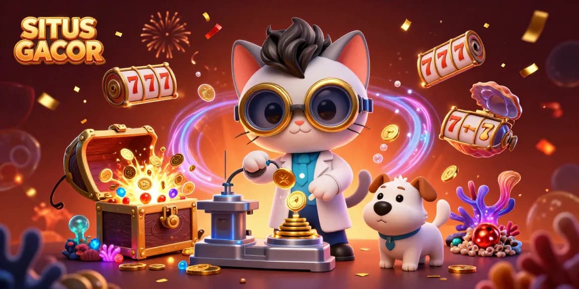 SITUS GACOR celebrates online slot gaming with cartoon characters and vibrant casino elements.