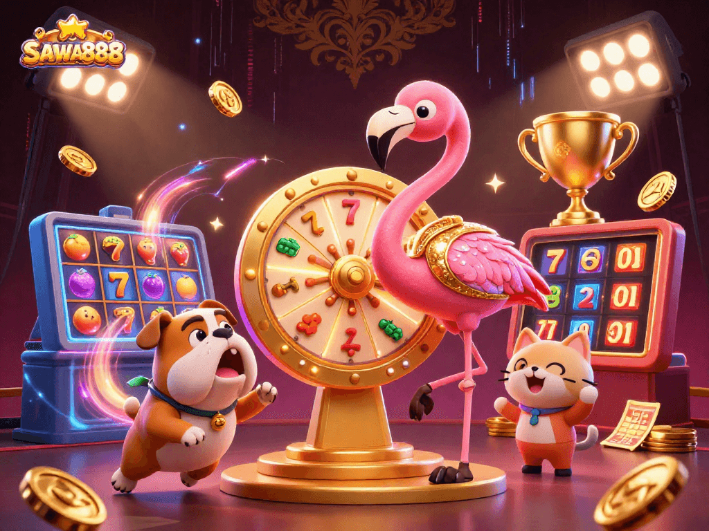 SAWA888 features an exciting scene with vibrant characters and gambling elements, showcasing dynamic play.