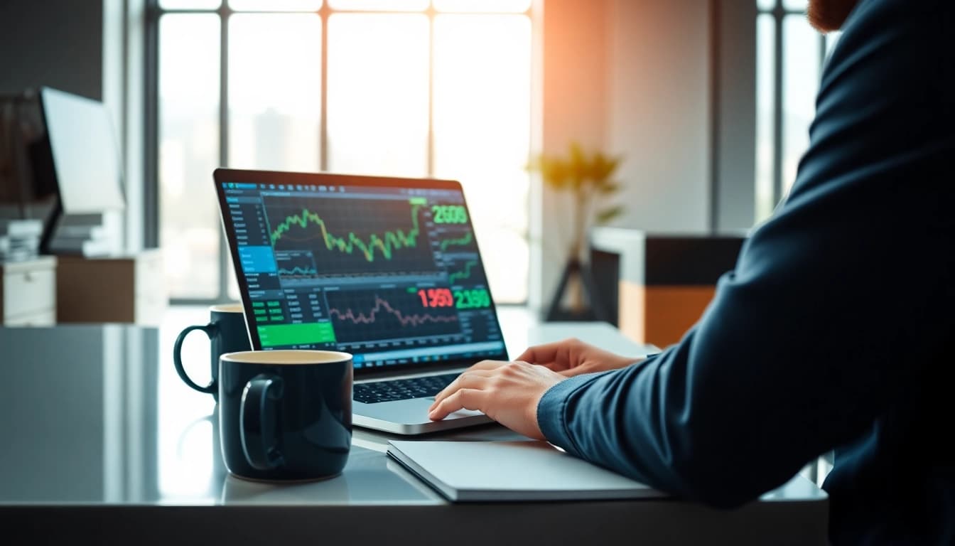 Evaluate the safe stock trading app In Saudi Arabia with a trader using a laptop in a modern office environment.