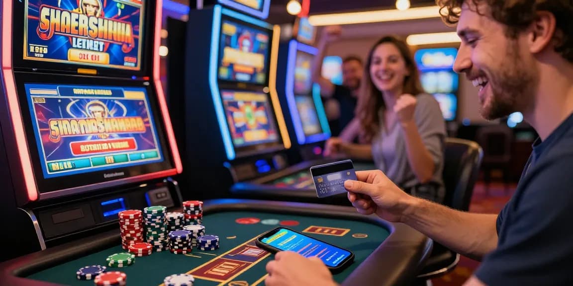 Exciting moment at casinos that accept credit cards, showing a player enjoying gaming with friends and easy deposits.