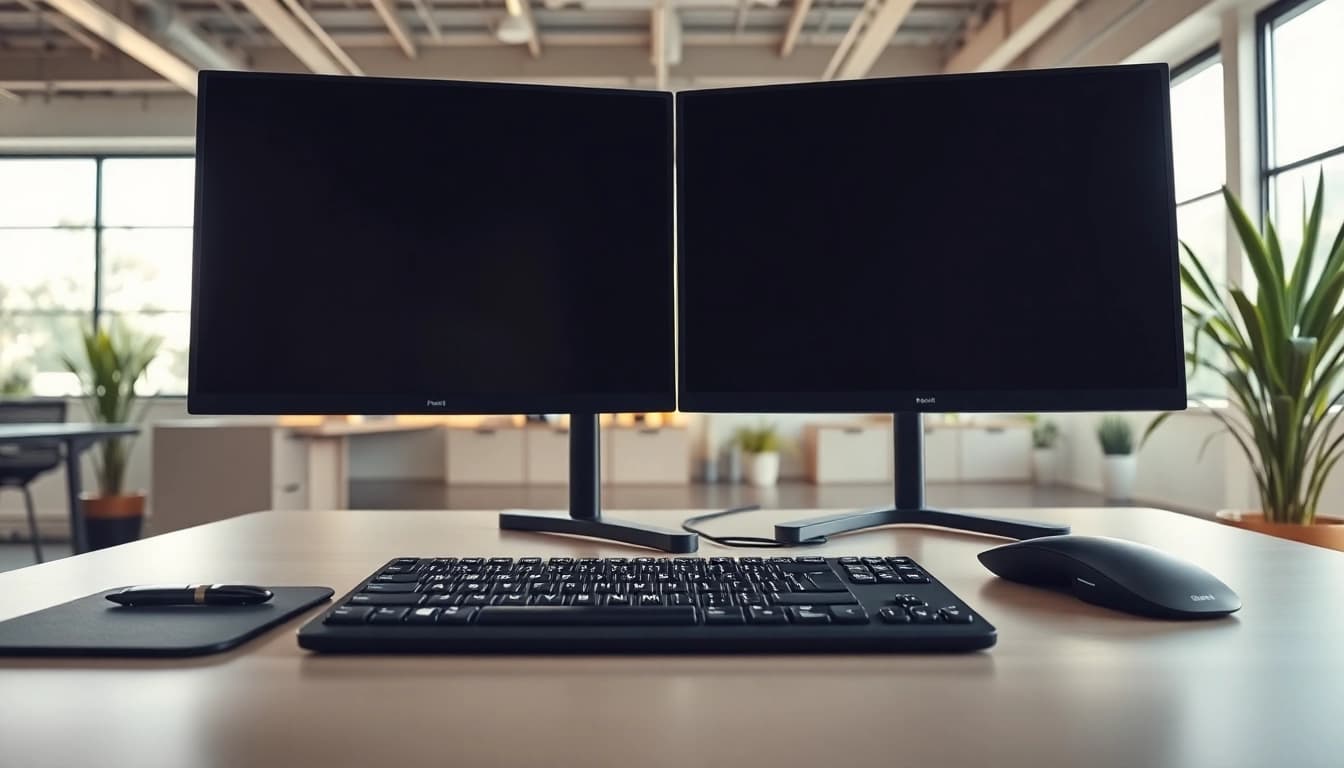Efficient typing center with a modern desk and dual monitors enhancing productivity.