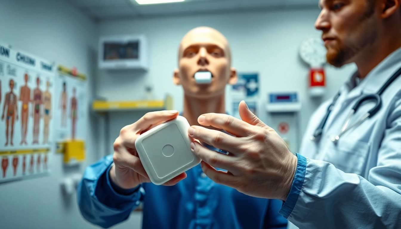 Medical technician using a choking device on a training mannequin in a clinical environment.