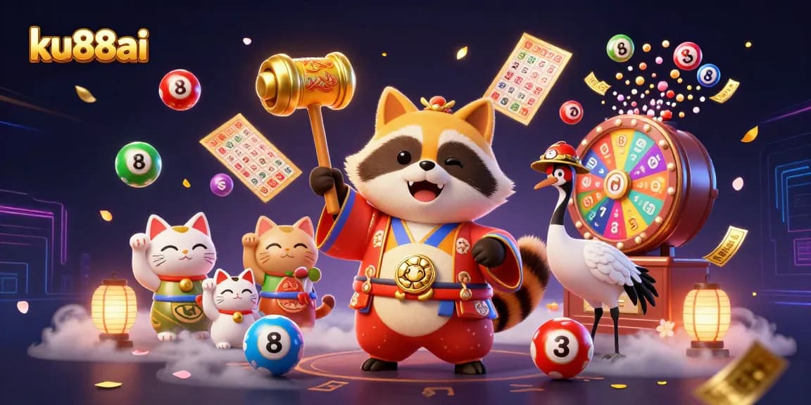 ku88ai showcases a joyful tanuki and fortune cats amidst vibrant lottery elements and gold confetti.