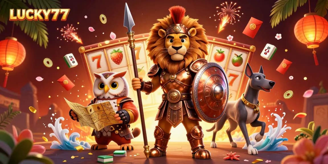Experience the excitement of LUCKY77 in this vibrant slot game illustrated scene featuring dynamic characters and treasures.