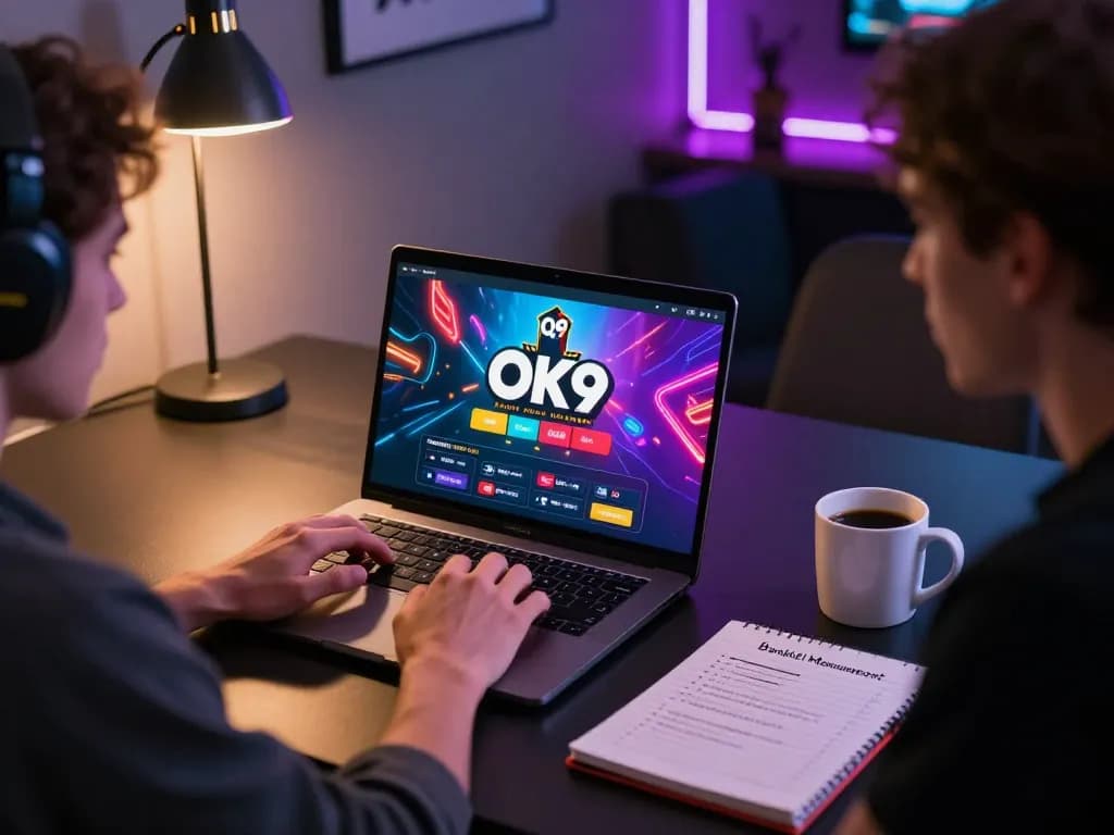 Player engaging with online casino games on OK9 platform at home, showcasing strategic gaming setup.