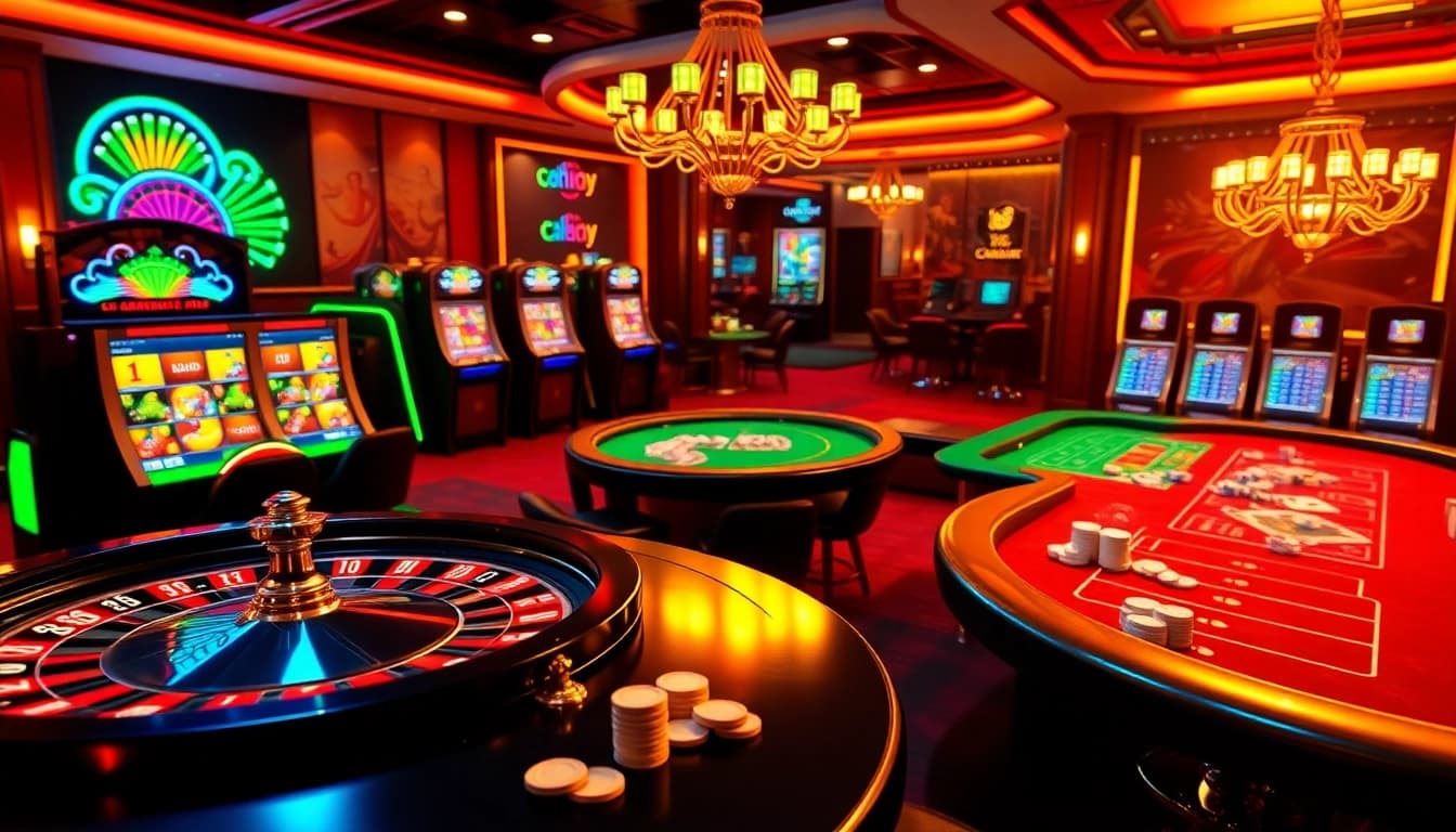 Scène captivante mettant en avant le casino en ligne avec des tables vibrantes, la roulette et des machines à sous.