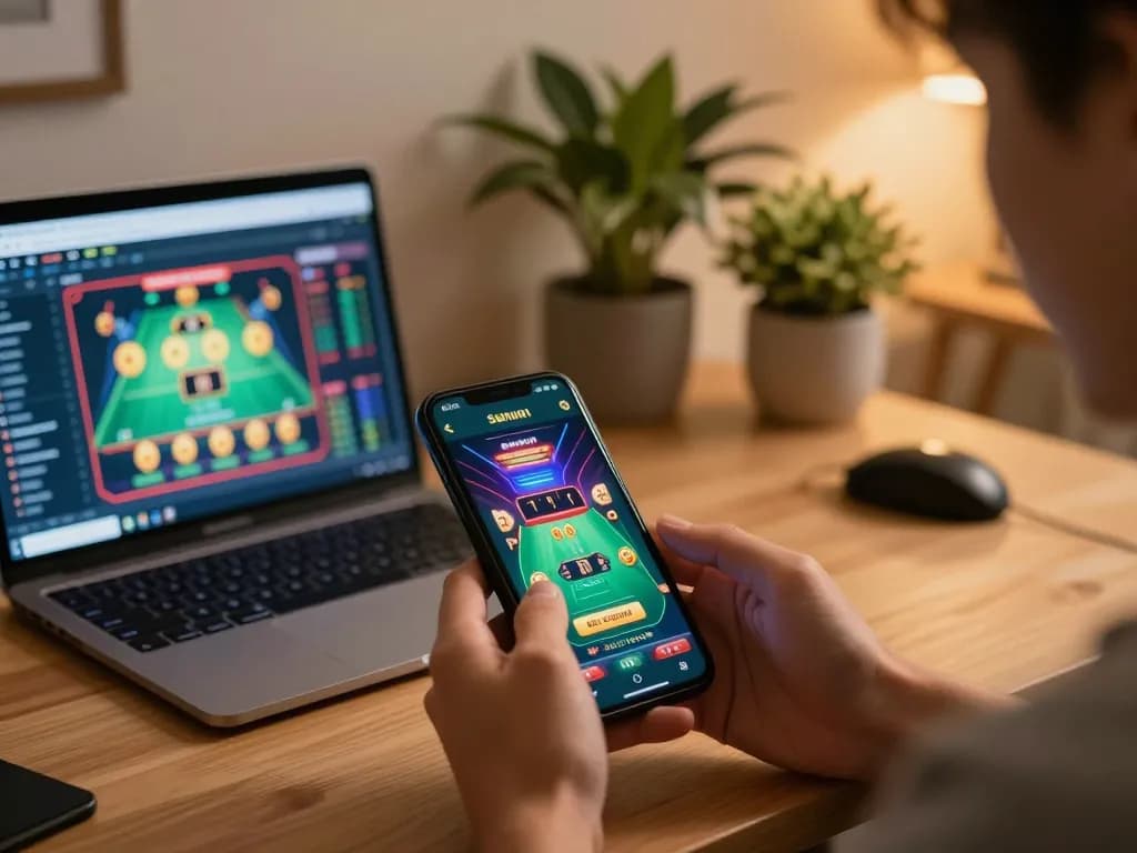 Người chơi thưởng thức trò chơi casino di động Sunwin trên điện thoại thông minh trong không gian làm việc thoải mái tại nhà