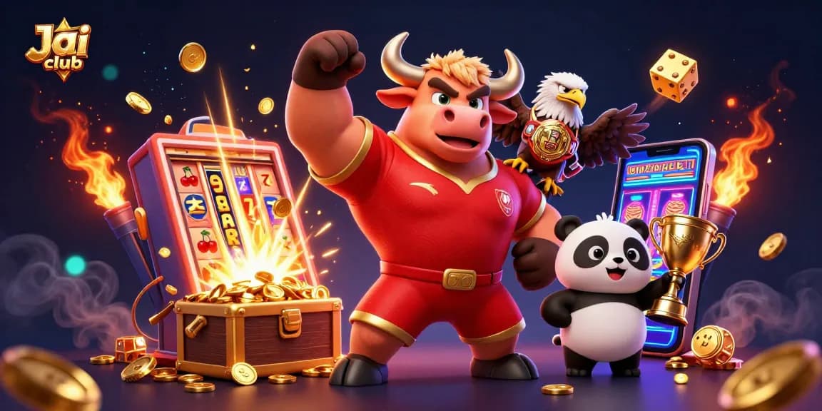 Jai club showcases a lucky bull mascot celebrating a jackpot amidst vibrant casino elements.