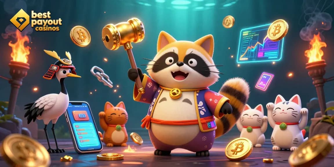 Engage in exciting gaming at the best payout casinos with vibrant characters and crypto elements.