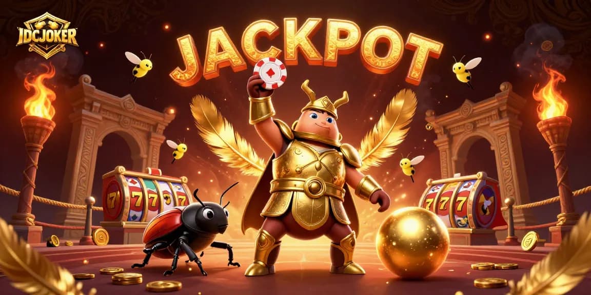 IDCJOKER features a triumphant Hercules beetle with poker chip amidst vibrant slot reels and golden elements.