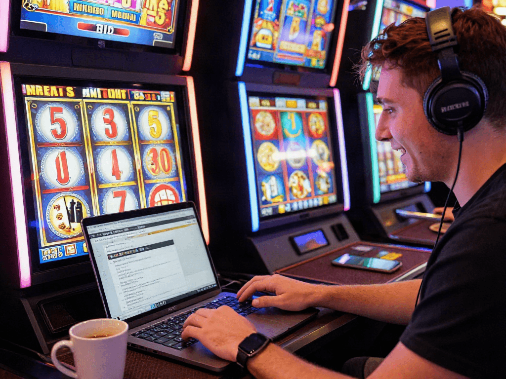 Engaging player enjoying bandar slot gacor in a colorful online casino setting.