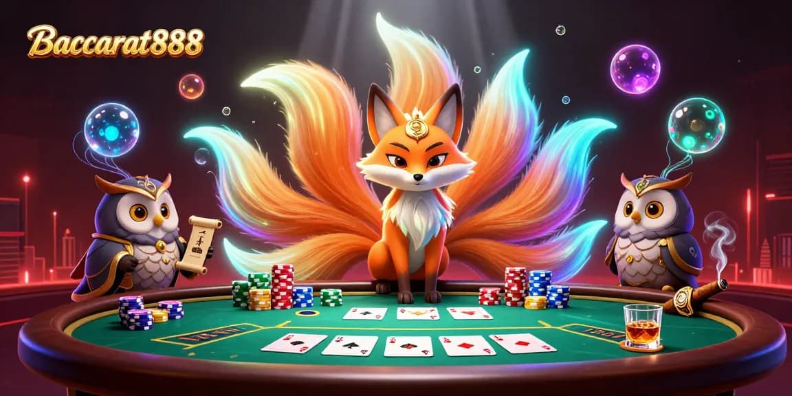 Baccarat888 interactive baccarat scene with vibrant characters and gaming elements illustrating excitement and gameplay.