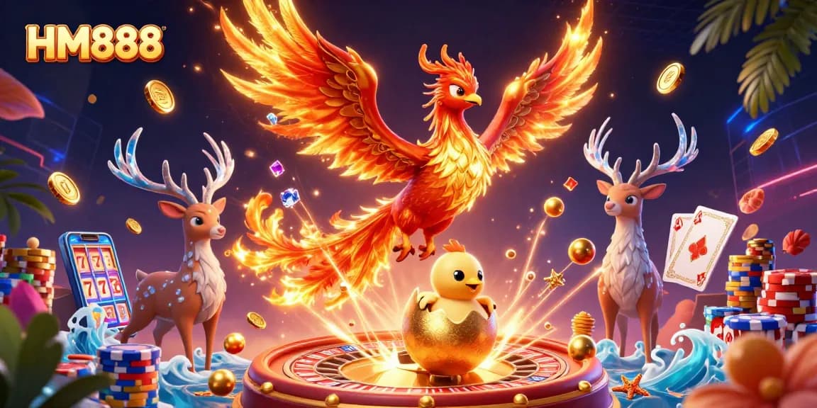 Win big on HM888 with vibrant casino-themed illustration showcasing dynamic gaming elements.