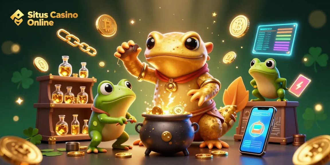 Engage in the excitement of Situs Casino Online with a magical alchemy scene featuring golden transformations and crypto elements.