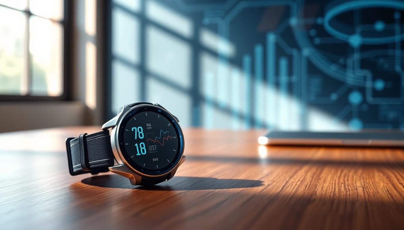 Showcasing the Pulse Smart Watch with vibrant metrics on display, exuding modern technology flair.